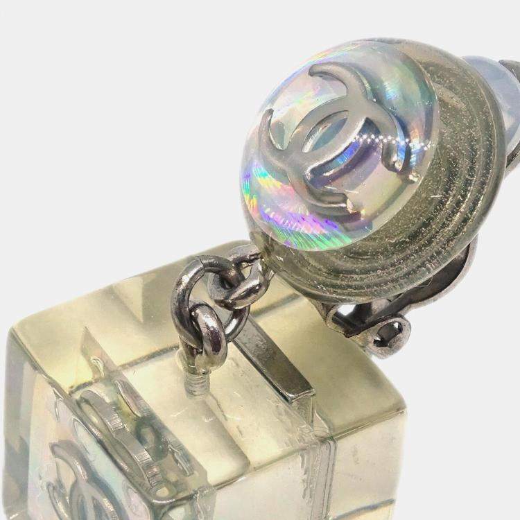 Pre Owned Chanel Dangle Cube Earrings Clip-On Clear