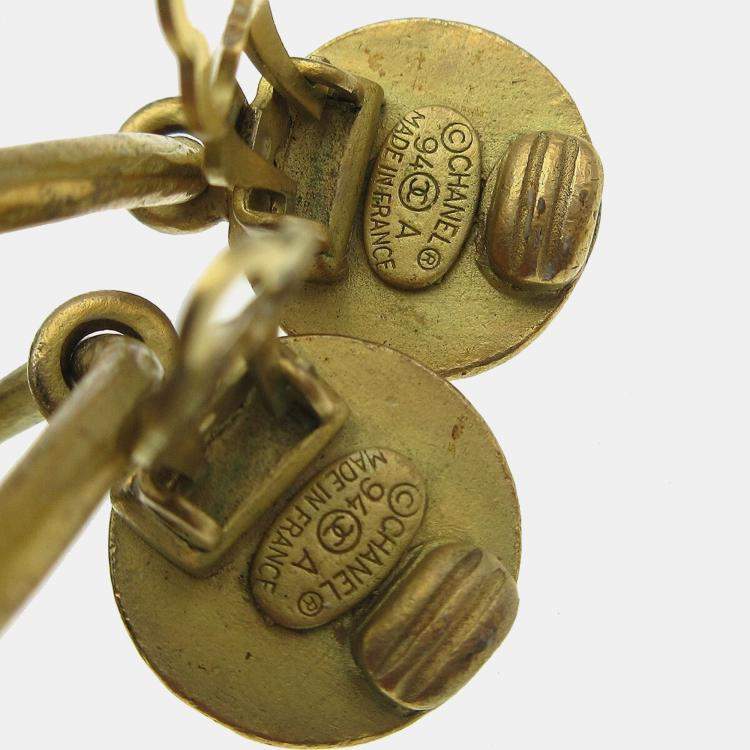 Pre Owned Chanel Dangle Hoop Earrings Clip-On Gold
