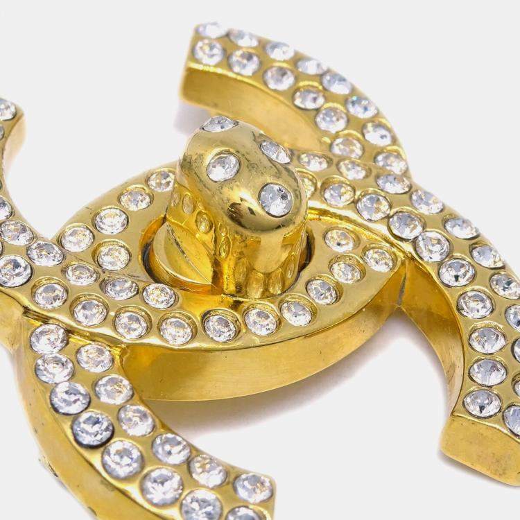 Pre Owned Chanel CC Turnlock Rhinestone Charm Brooch Pin Gold