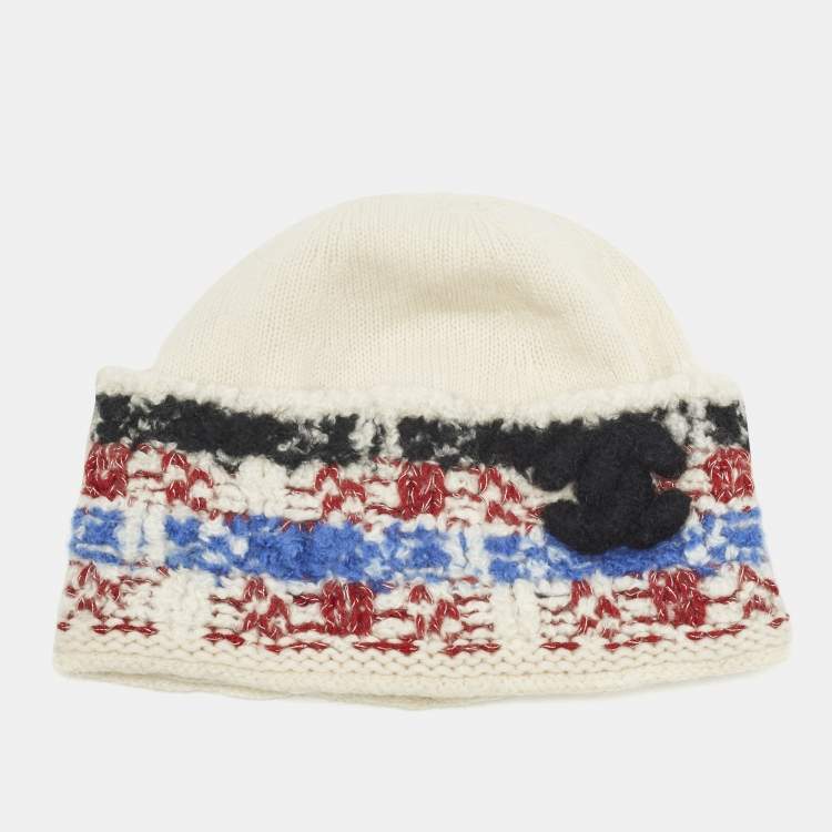 Pre Owned Chanel White Intarsia Cashmere Knit Beanie 