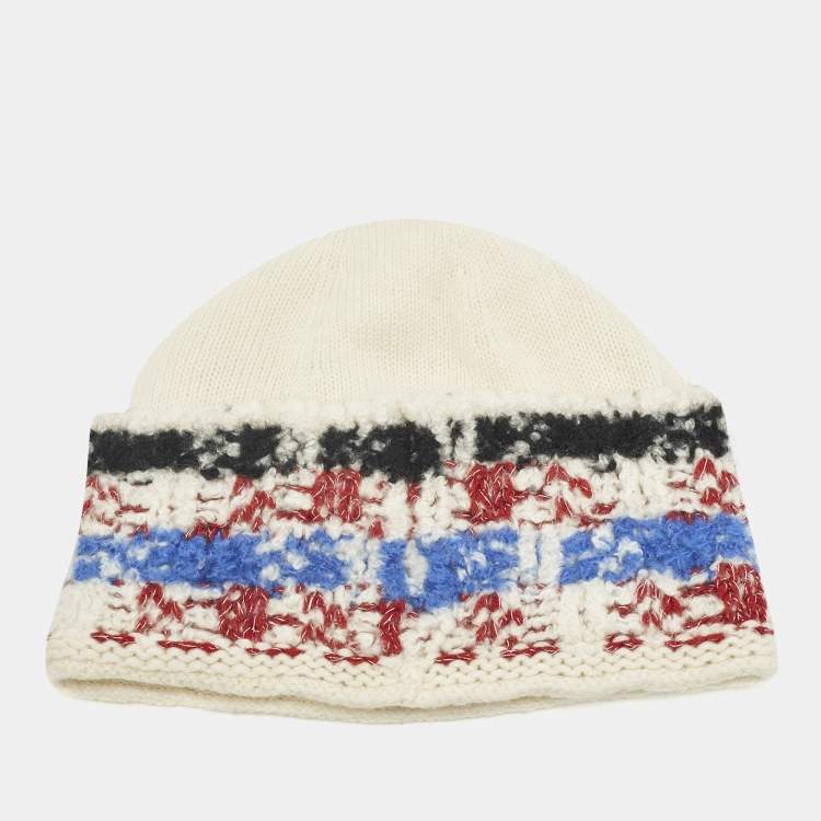 Pre Owned Chanel White Intarsia Cashmere Knit Beanie 