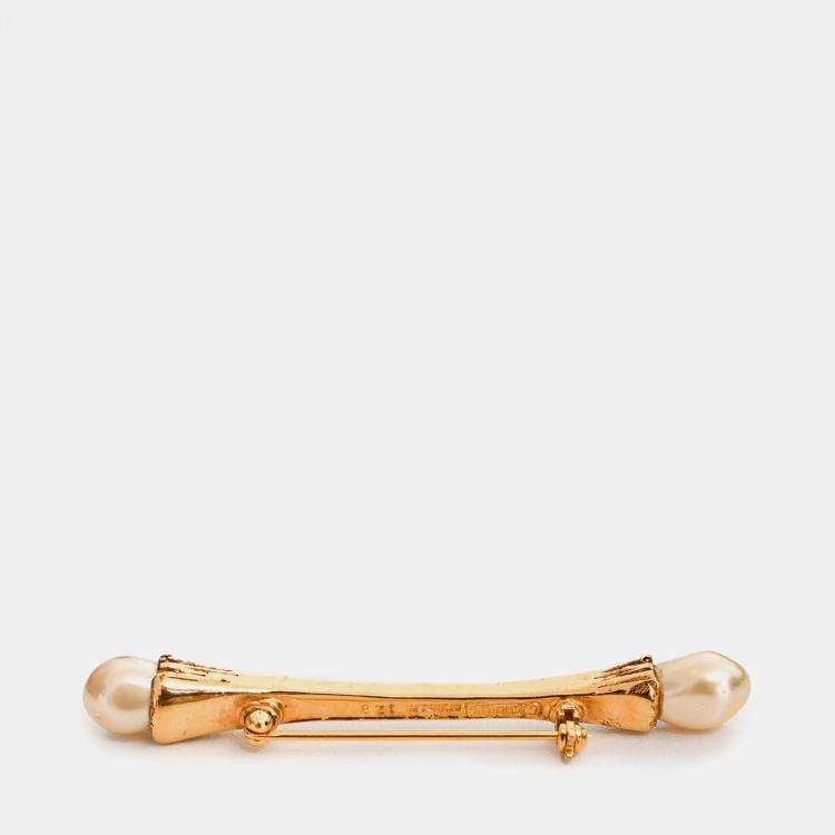 Pre Owned Chanel Gold-Tone Crystal Pearl Bar Brooch