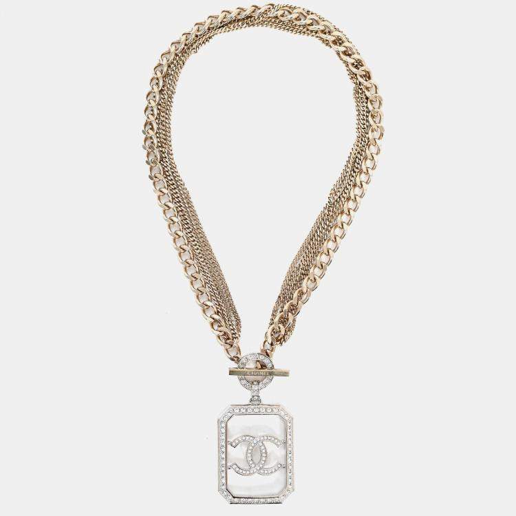 Pre Owned Chanel 2018 Gold Toned Multi-strand Chain Crystal Embellished CC Pendant Necklace