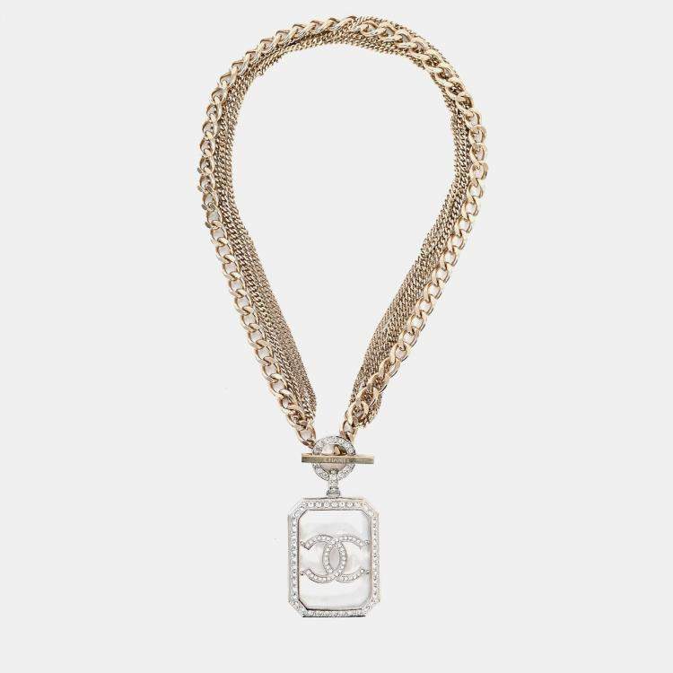 Pre Owned Chanel 2018 Gold Toned Multi-strand Chain Crystal Embellished CC Pendant Necklace