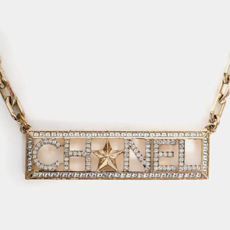 Pre Owned Chanel 2017 Gold Toned Crystal Embellished Logo Star Choker Necklace