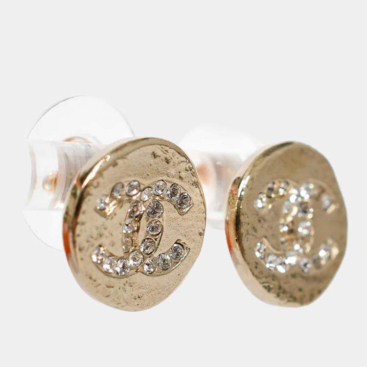 Pre Owned Chanel Gold Tone Round Crystal Embellished Earrings