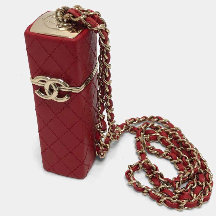 Pre Owned Chanel Coco Mark Cc Lip Case Chain Shoulder Bag Leather Red