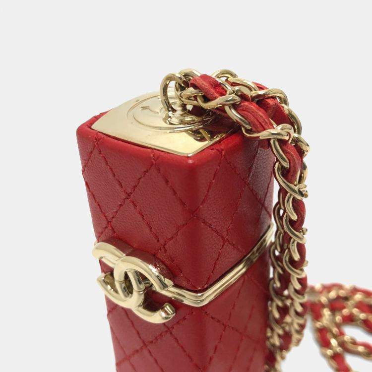 Pre Owned Chanel Coco Mark Cc Lip Case Chain Shoulder Bag Leather Red