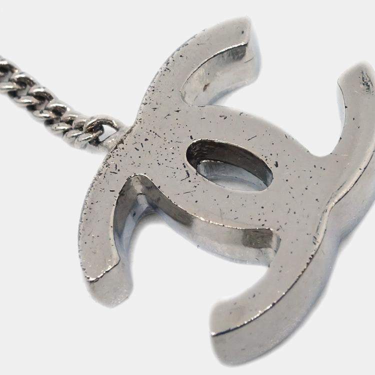 Pre Owned Chanel CC Cassette Tape Chain Pendant Necklace Rhinestone Silver