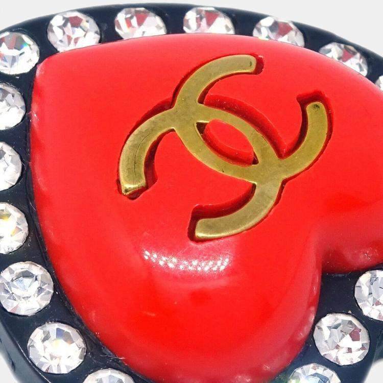 Pre Owned Chanel Heart Rhinestone Earrings Clip-On Red