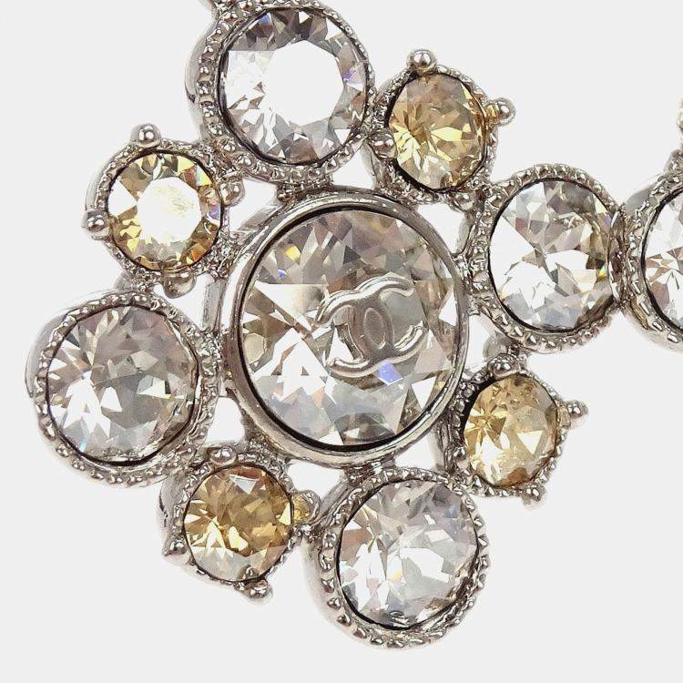 Pre Owned Chanel Rhombus Dangle Piercing Earrings Silver Rhinestone