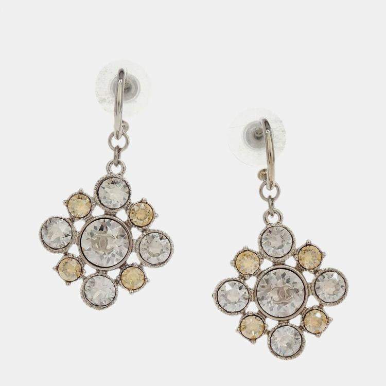 Pre Owned Chanel Rhombus Dangle Piercing Earrings Silver Rhinestone