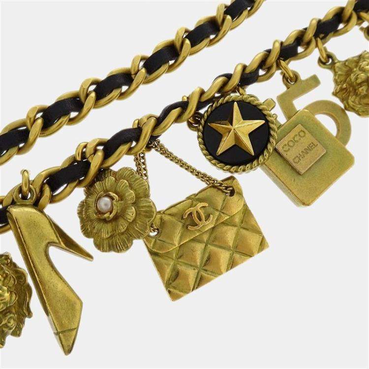 مملوكة مسبقًا حزام شانيل سي سي رمز السلسلة لؤلؤ صناعي ذهبي أسود