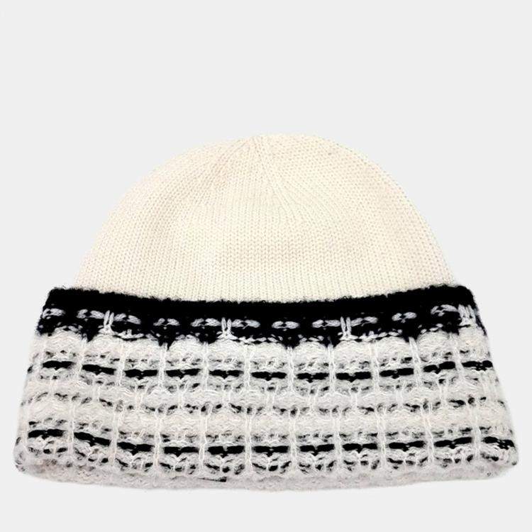 Pre Owned Chanel Beige Black Wool beanie