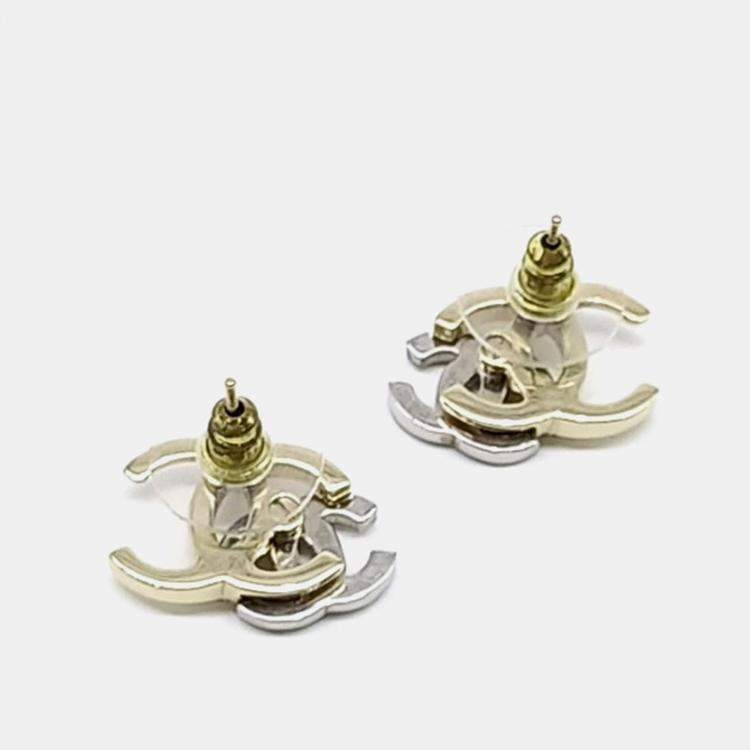 Pre Owned Chanel Gold Silver Plated Logo Earrings