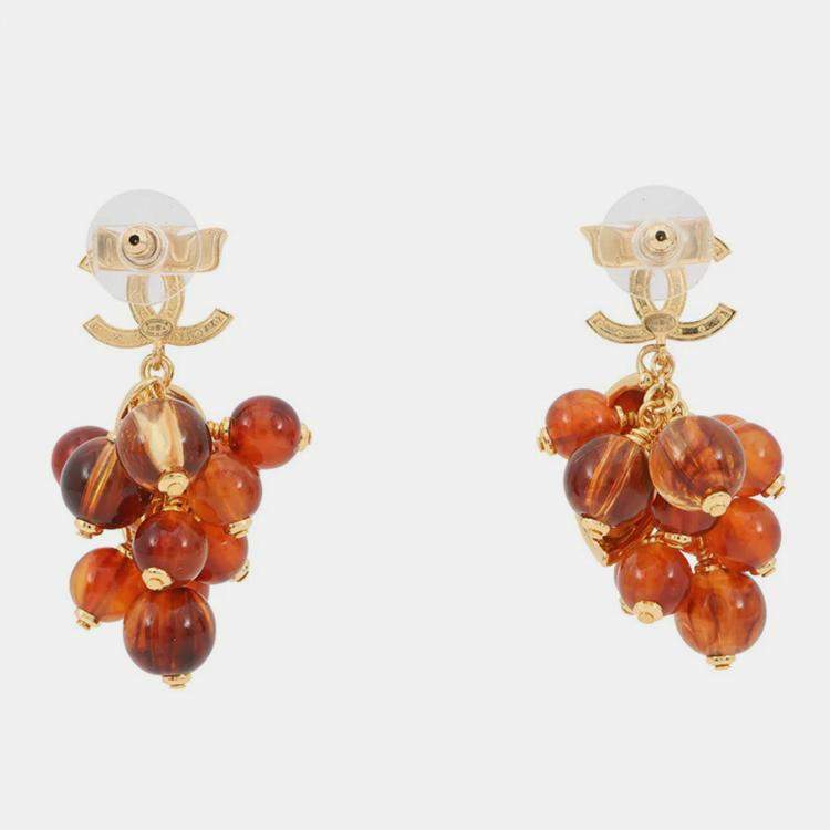 Pre Owned Chanel Medieval Grape Motif Earrings Brown Metal Rhinestone
