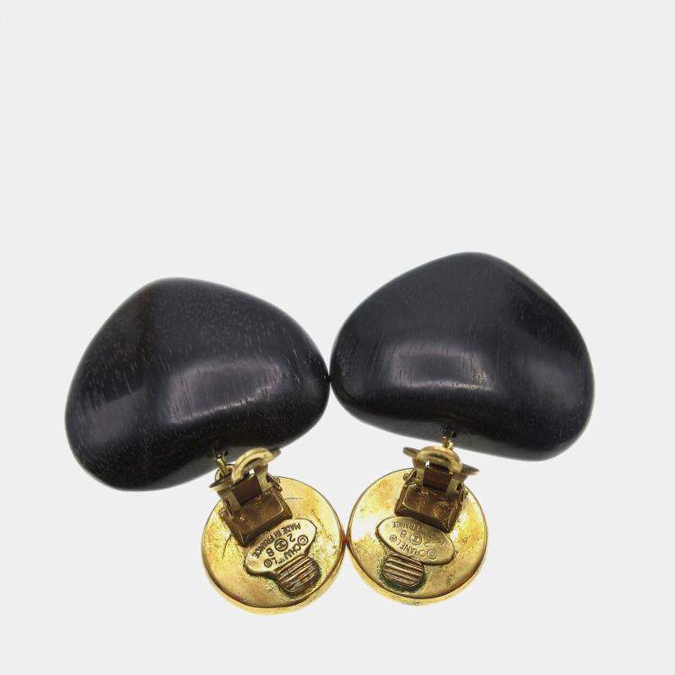 Pre Owned Chanel Artificial Pearl Dangle Heart Earrings Clip-On Black 28