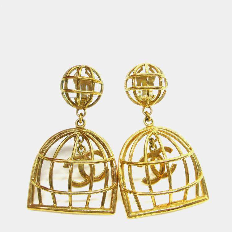 Pre Owned Chanel Birdcage Dangle Earrings Clip-On Gold