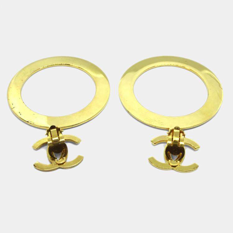 Pre Owned Chanel Hoop Dangle Earrings Clip-On Gold