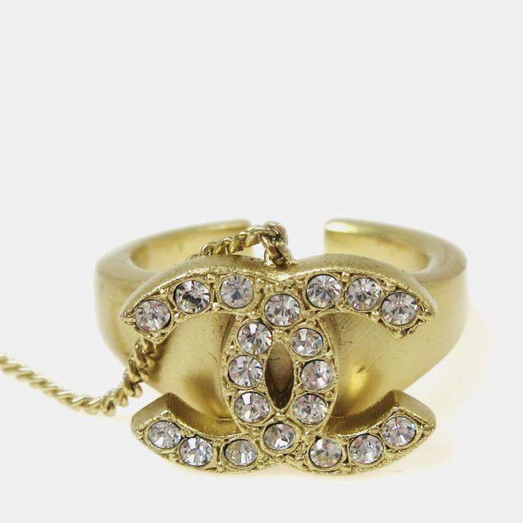 Pre Owned Chanel Rhinestone Bangle Chain Ring #6 Gold
