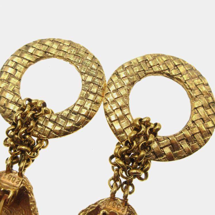 Pre Owned Chanel Dangle Hoop Earrings Clip-On Gold