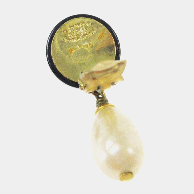 Pre Owned Chanel Artificial Pearl Dangle Earrings Clip-On Black White