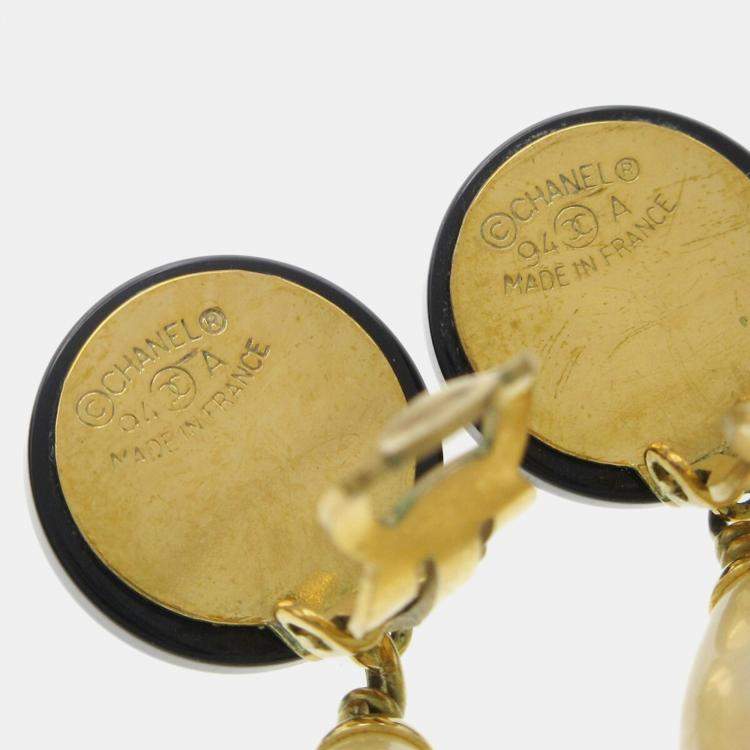 Pre Owned Chanel Artificial Pearl Dangle Earrings Clip-On Black