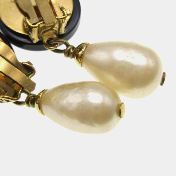 Pre Owned Chanel Artificial Pearl Dangle Earrings Clip-On Black