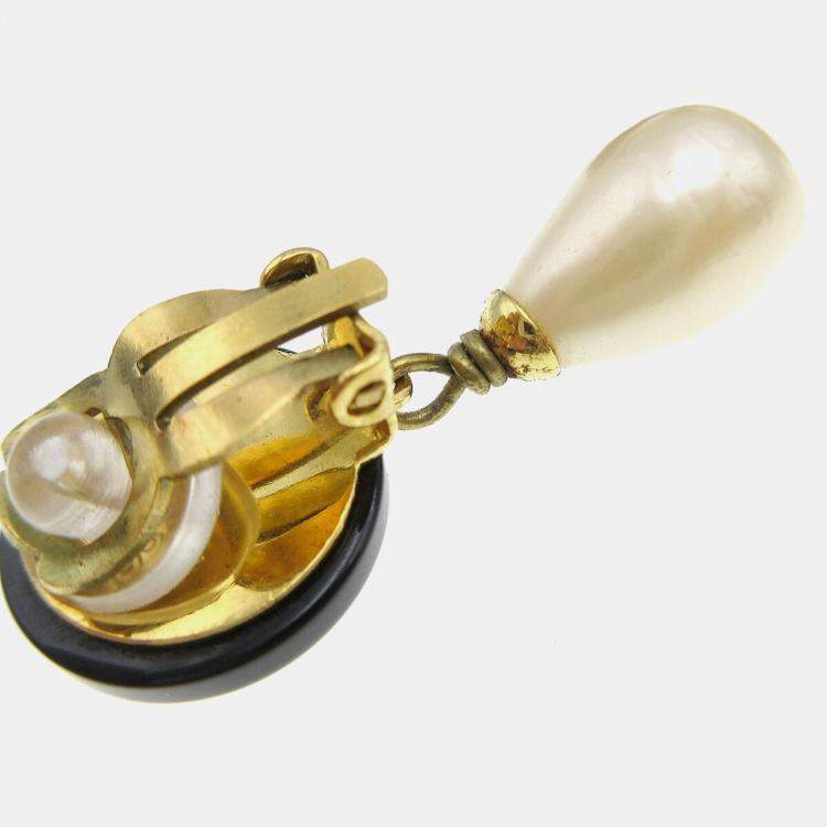 Pre Owned Chanel Artificial Pearl Dangle Earrings Clip-On Black
