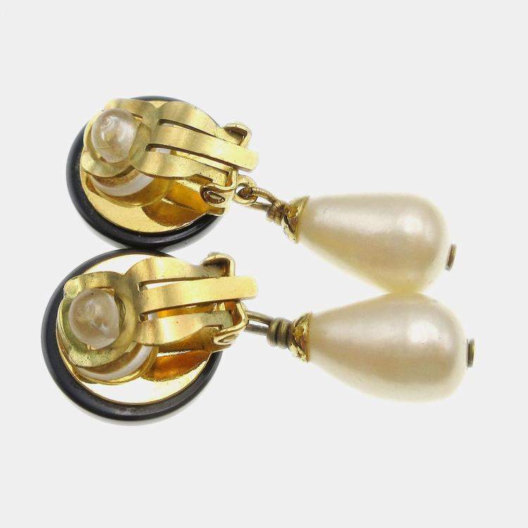 Pre Owned Chanel Artificial Pearl Dangle Earrings Clip-On Black