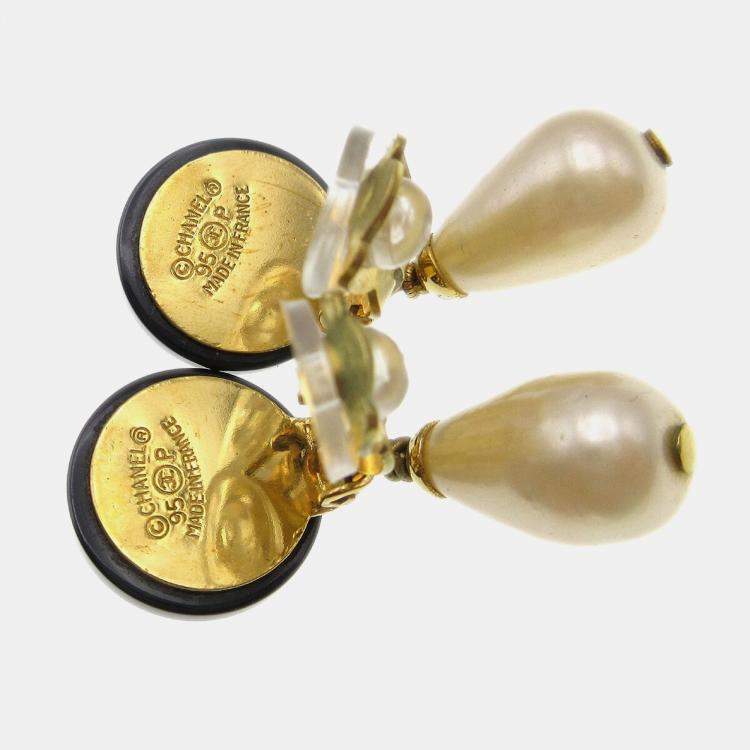 Pre Owned Chanel Artificial Pearl Dangle Earrings Clip-On Black