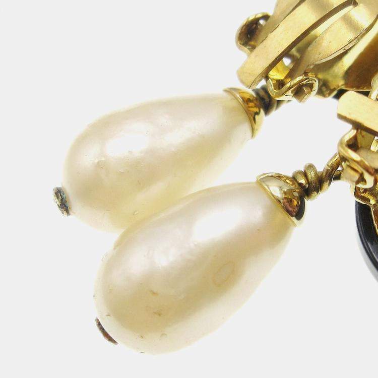 Pre Owned Chanel Artificial Pearl Dangle Earrings Clip-On Black