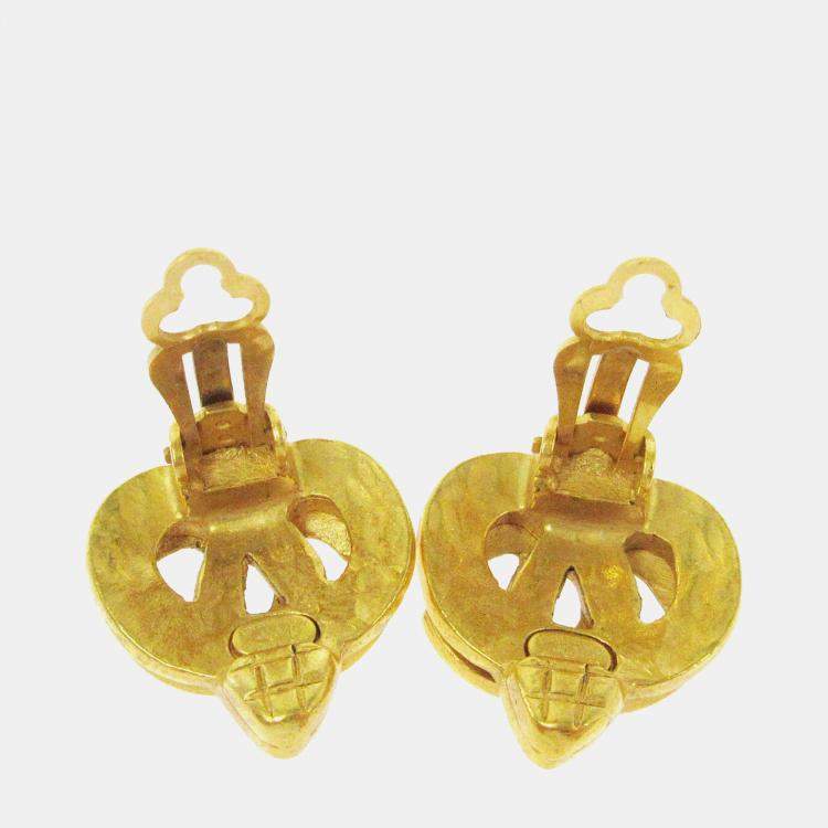Pre Owned Chanel Heart Earrings Clip-On Gold