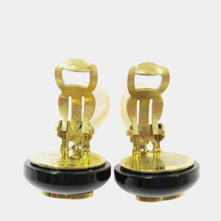 Pre Owned Chanel Artificial Pearl Dangle Earrings Clip-On Black White