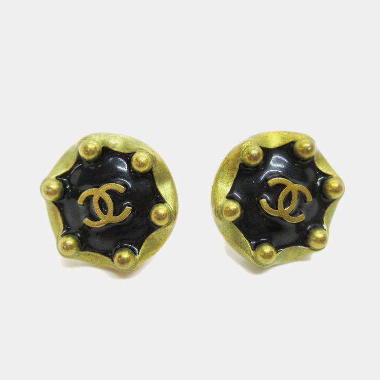 Pre Owned Chanel Button Earrings Gold Black Clip-On