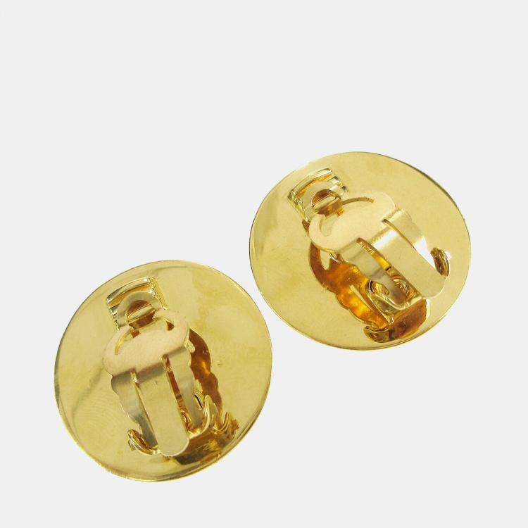Pre Owned Chanel Turnlock Button Earrings Clip-On Gold Silver