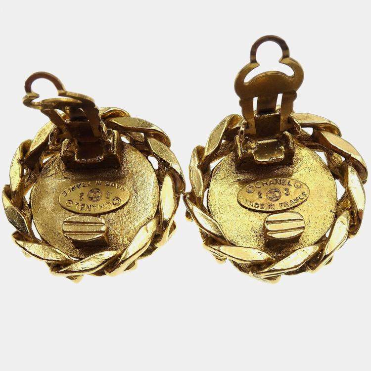 Pre Owned Chanel Rhinestone Earrings Clip-On Gold