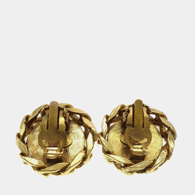 Pre Owned Chanel Rhinestone Earrings Clip-On Gold