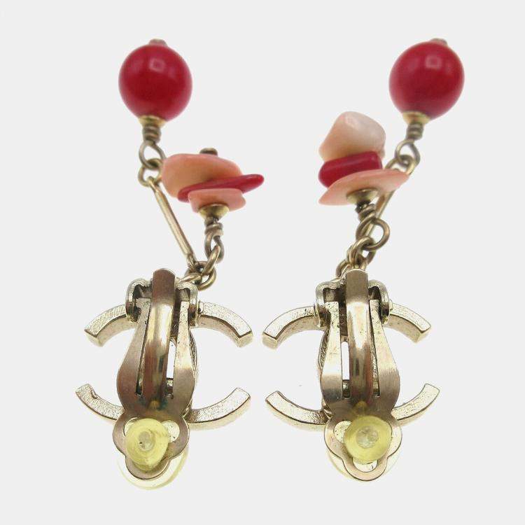 Pre Owned Chanel Dangle Earrings Clip-On Red