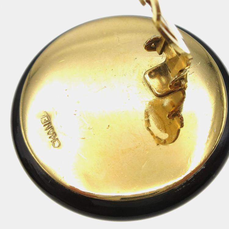 Pre Owned Chanel Button Earrings Clip-On Black Gold
