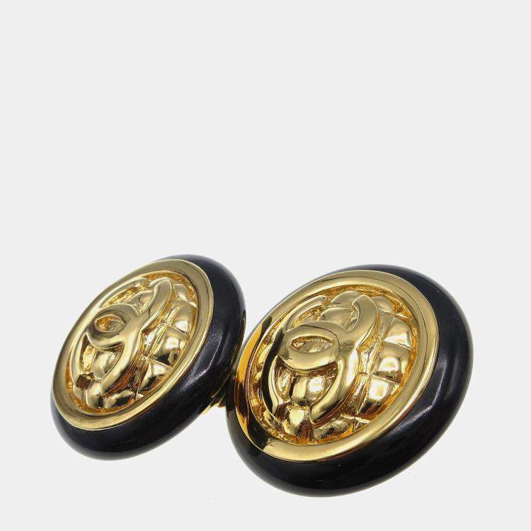 Pre Owned Chanel Button Earrings Clip-On Black Gold