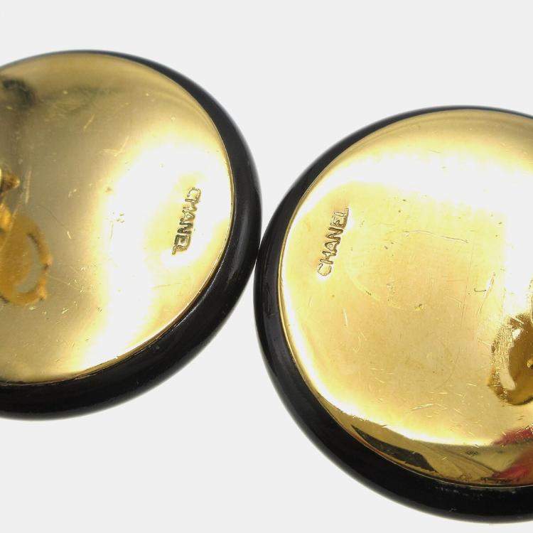Pre Owned Chanel Button Earrings Clip-On Black Gold