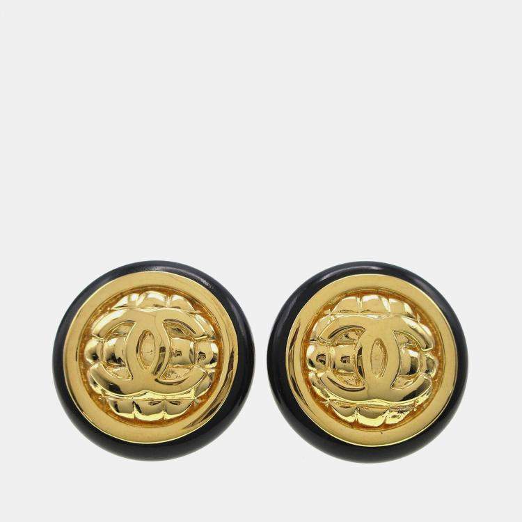 Pre Owned Chanel Button Earrings Clip-On Black Gold