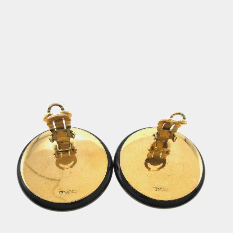 Pre Owned Chanel Button Earrings Clip-On Black Gold