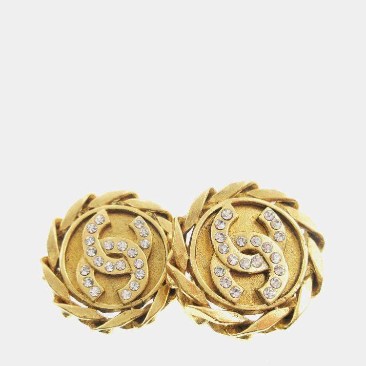 Pre Owned Chanel Rhinestone Earrings Clip-On Gold