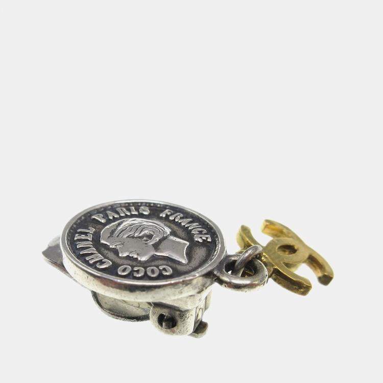 Pre Owned Chanel Medallion Dangle Earrings Gold Silver Clip-On