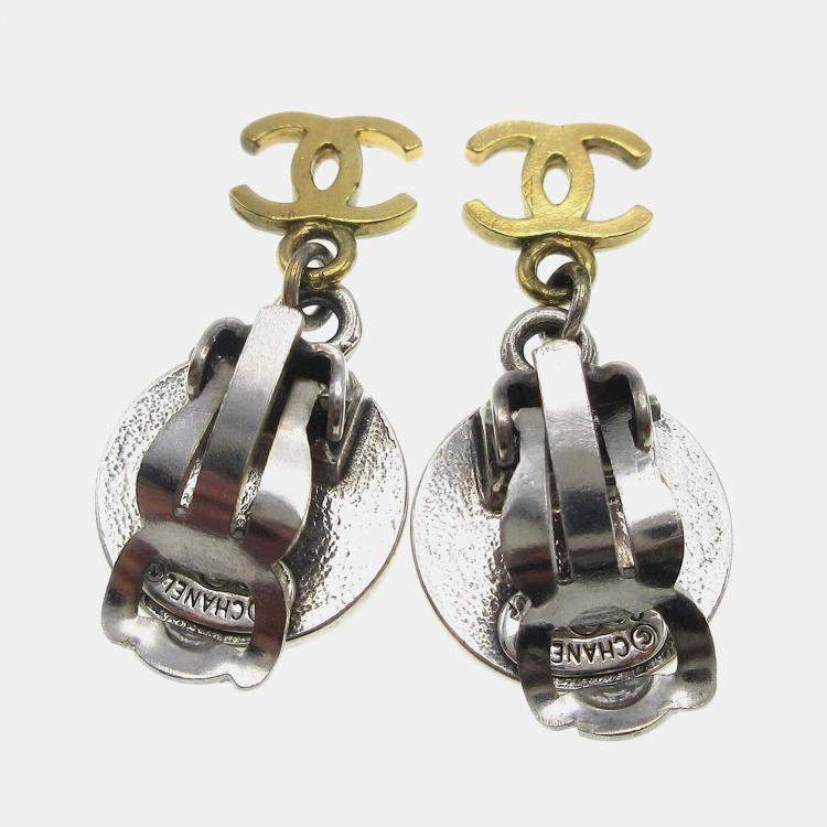 Pre Owned Chanel Medallion Dangle Earrings Gold Silver Clip-On