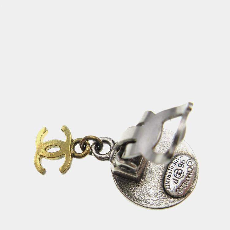 Pre Owned Chanel Medallion Dangle Earrings Gold Silver Clip-On