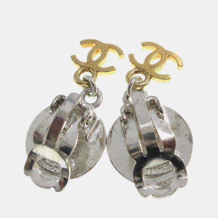 Pre Owned Chanel Medallion Dangle Earrings Gold Silver Clip-On