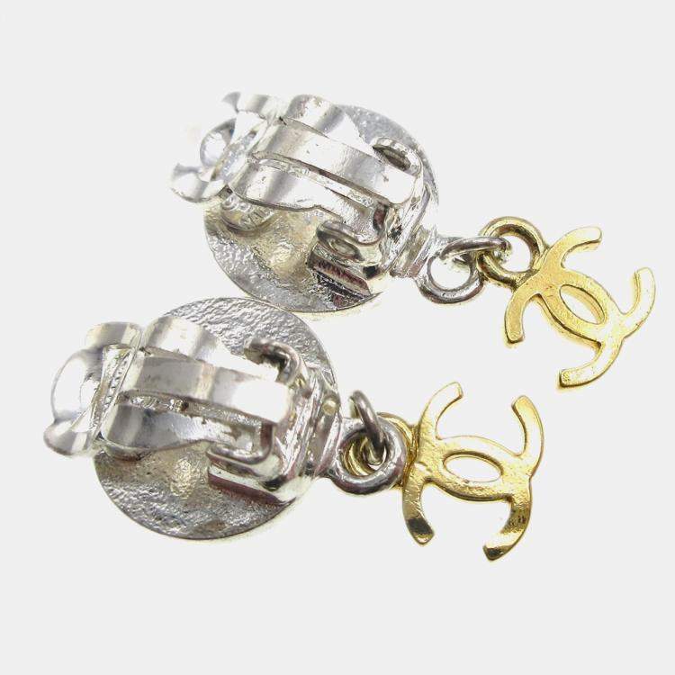 Pre Owned Chanel Medallion Dangle Earrings Gold Silver Clip-On